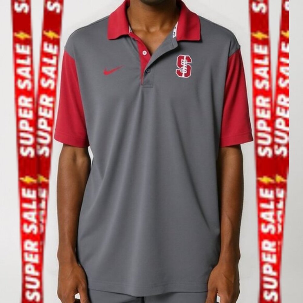 Stanford Cardinal Nike Dri-Fit Golf Polo - Size Large - Gray & Cardinal Red